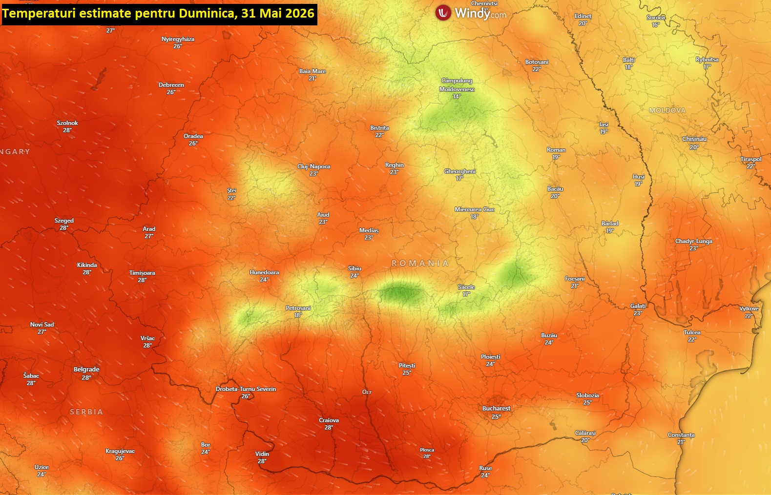 Temperaturi estimate pentru Duminică 31 Mai 2026