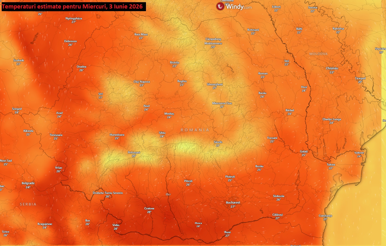Temperaturi estimate pentru miercuri, 3 iunie 2026