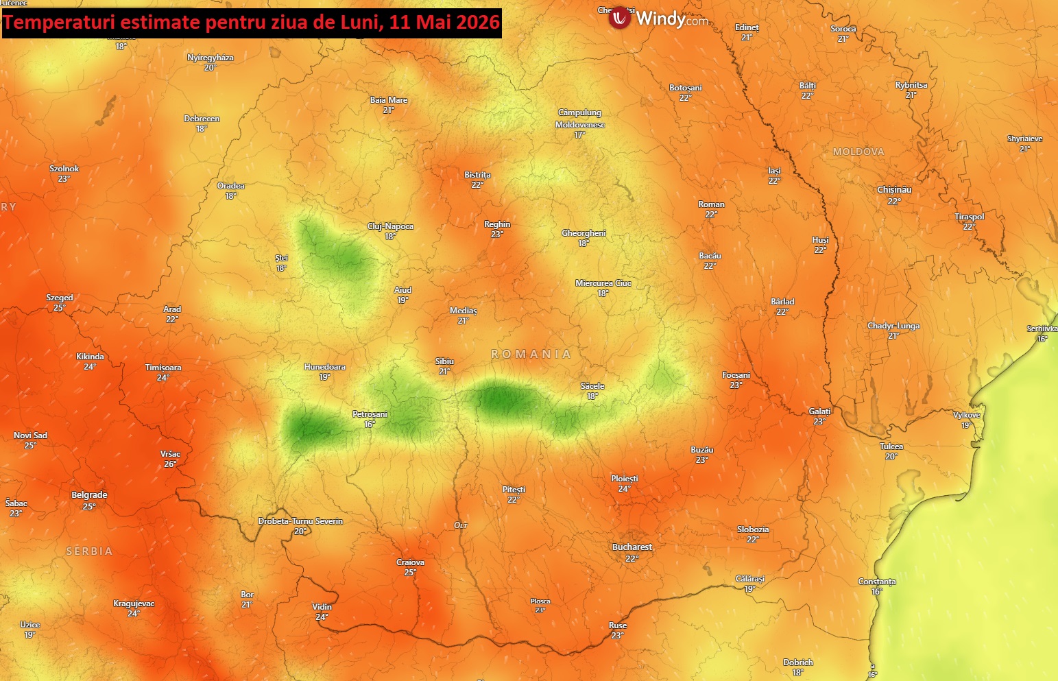 Temperatura estimată pentru Luni, 11 Mai 2026