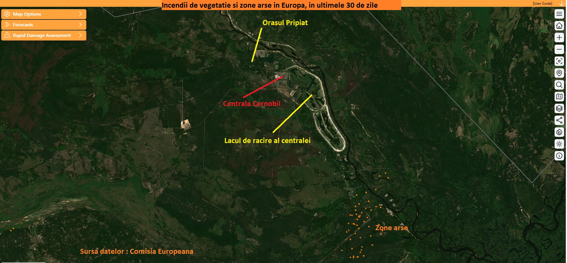 Incendii de vegetație și zone afectate în apropiere de Cernobîl