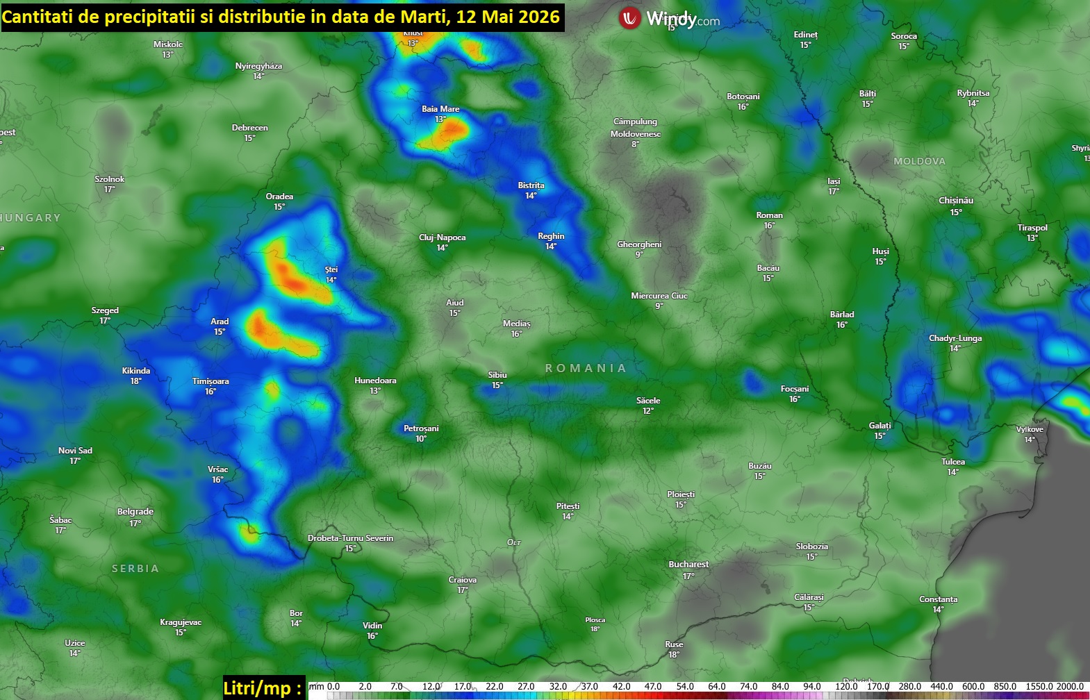 Cantitati si distributie a precipitatiilor in data de Marti, 12 Mai 2026