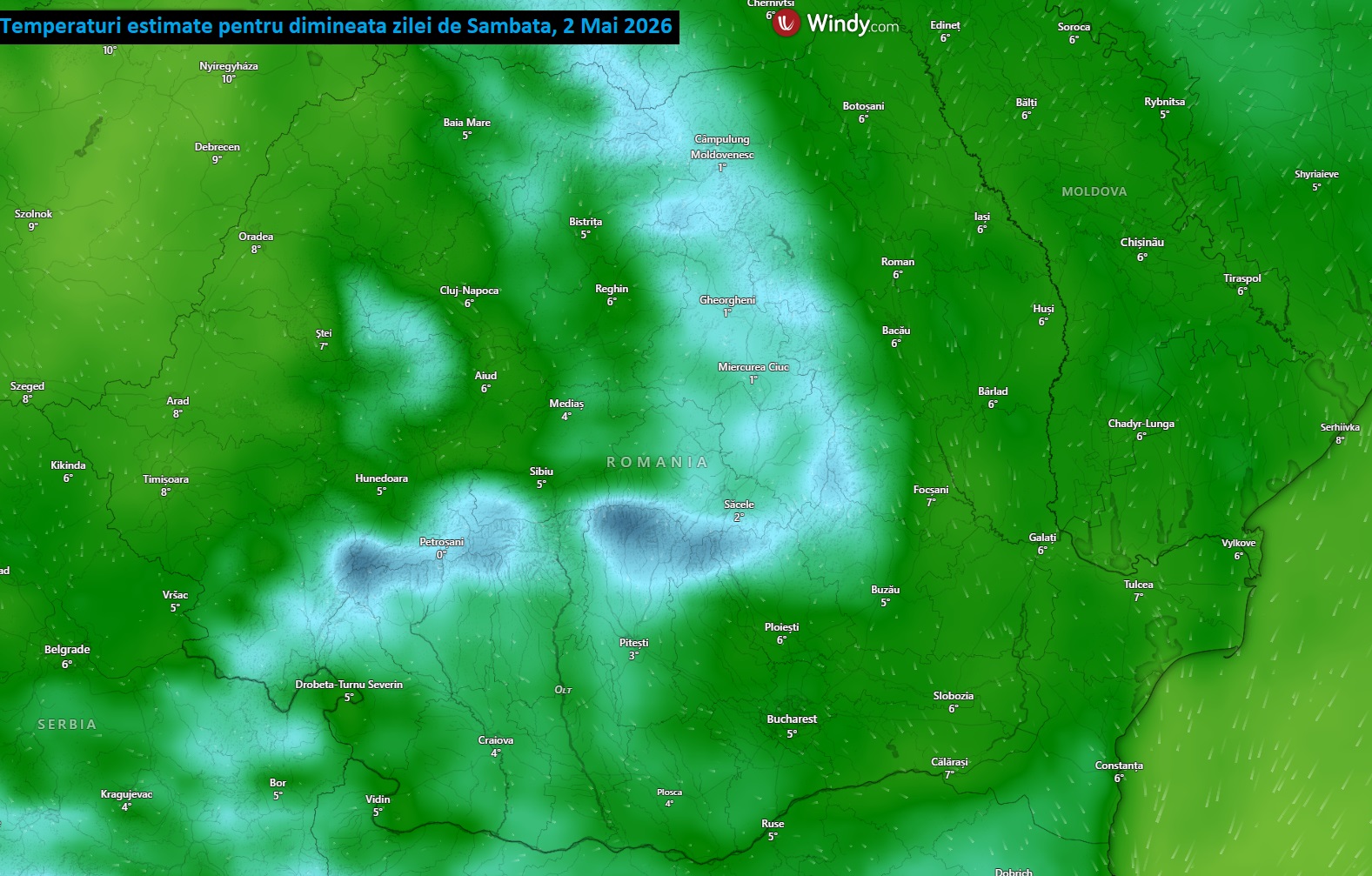 Temperaturi estimate pentru dimineața zilei de Sâmbătă, 2 Mai 2026