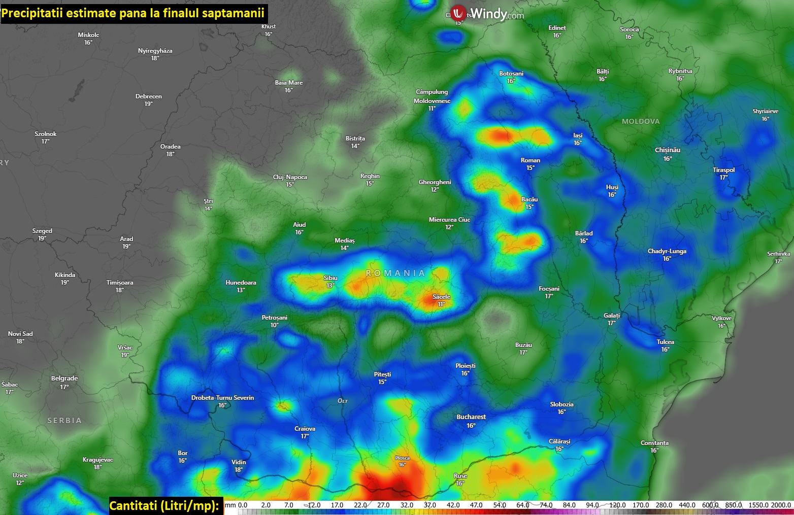 Cantități de precipitații estimate până duminică, 24 mai 2026