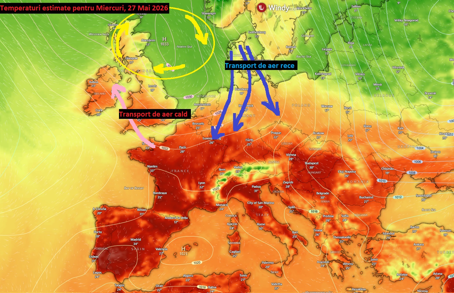 Temperaturi estimate pentru Miercuri, 27 Mai 2026