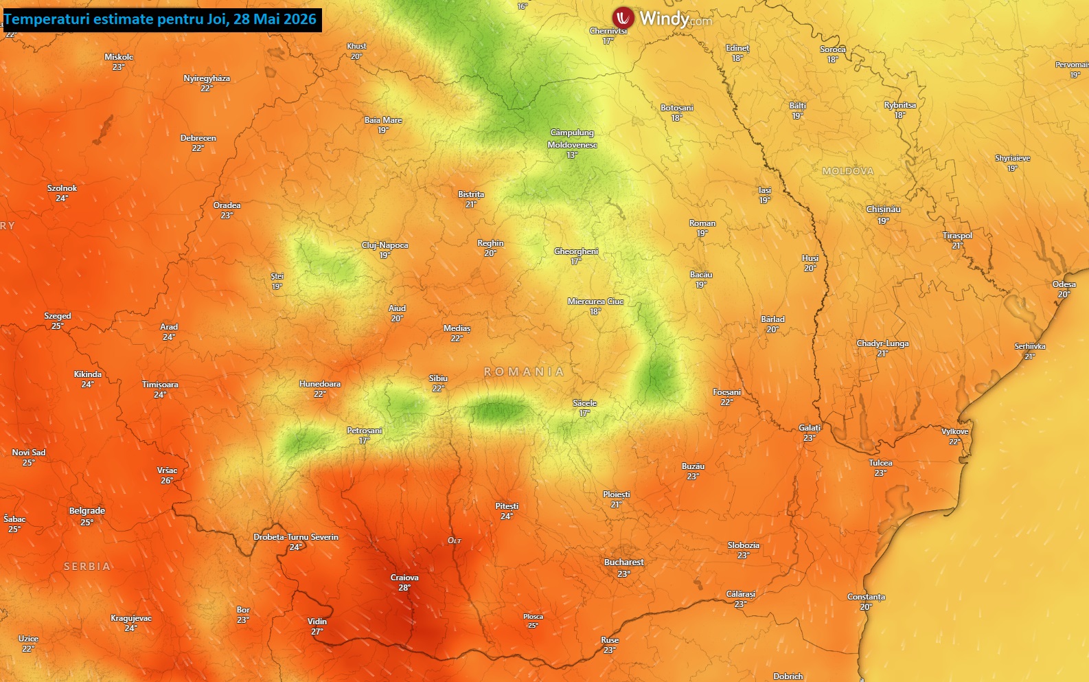 Temperaturi estimate pentru Joi, 28 Mai 2026