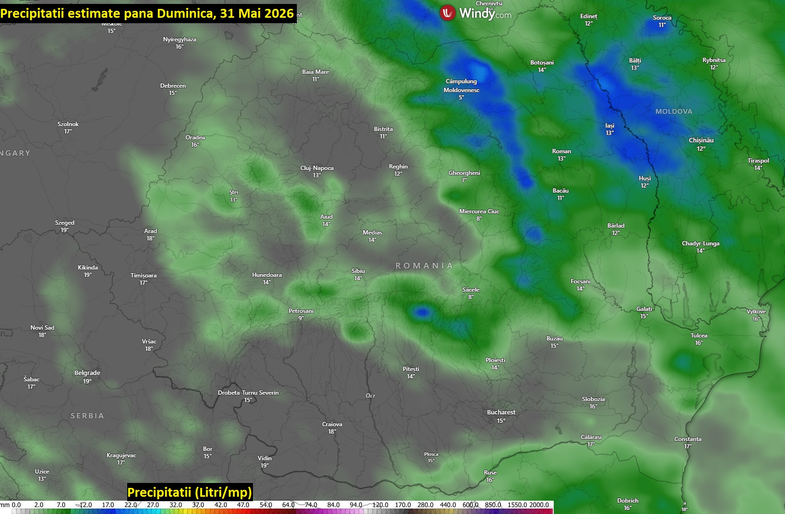 Cantități de precipitații estimate până Duminică, 31 Mai 2026