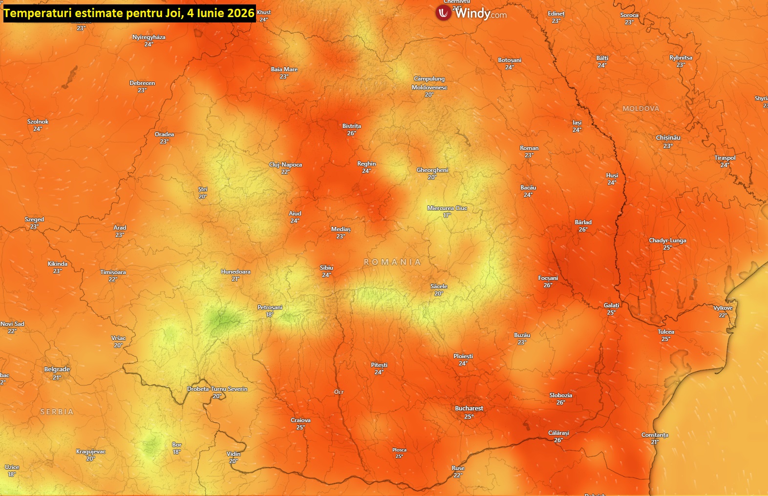 Temperaturi estimate pentru joi, 4 iunie 2026