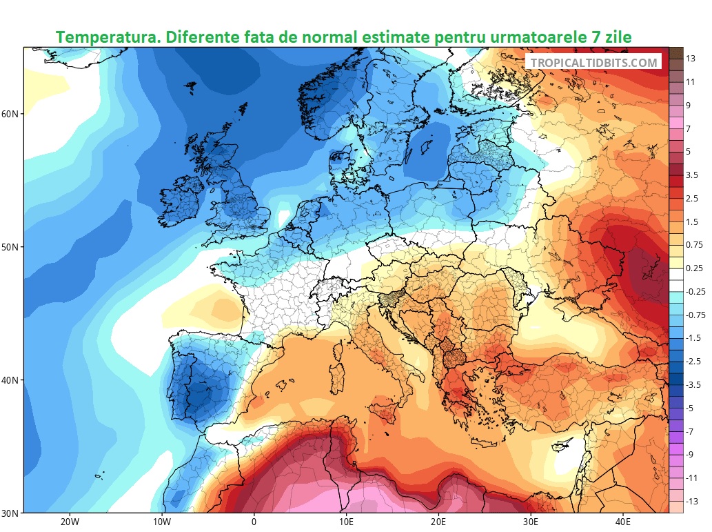 Temperaturi estimate pentru urmatoarele 7 zile. Diferente fata de medie
