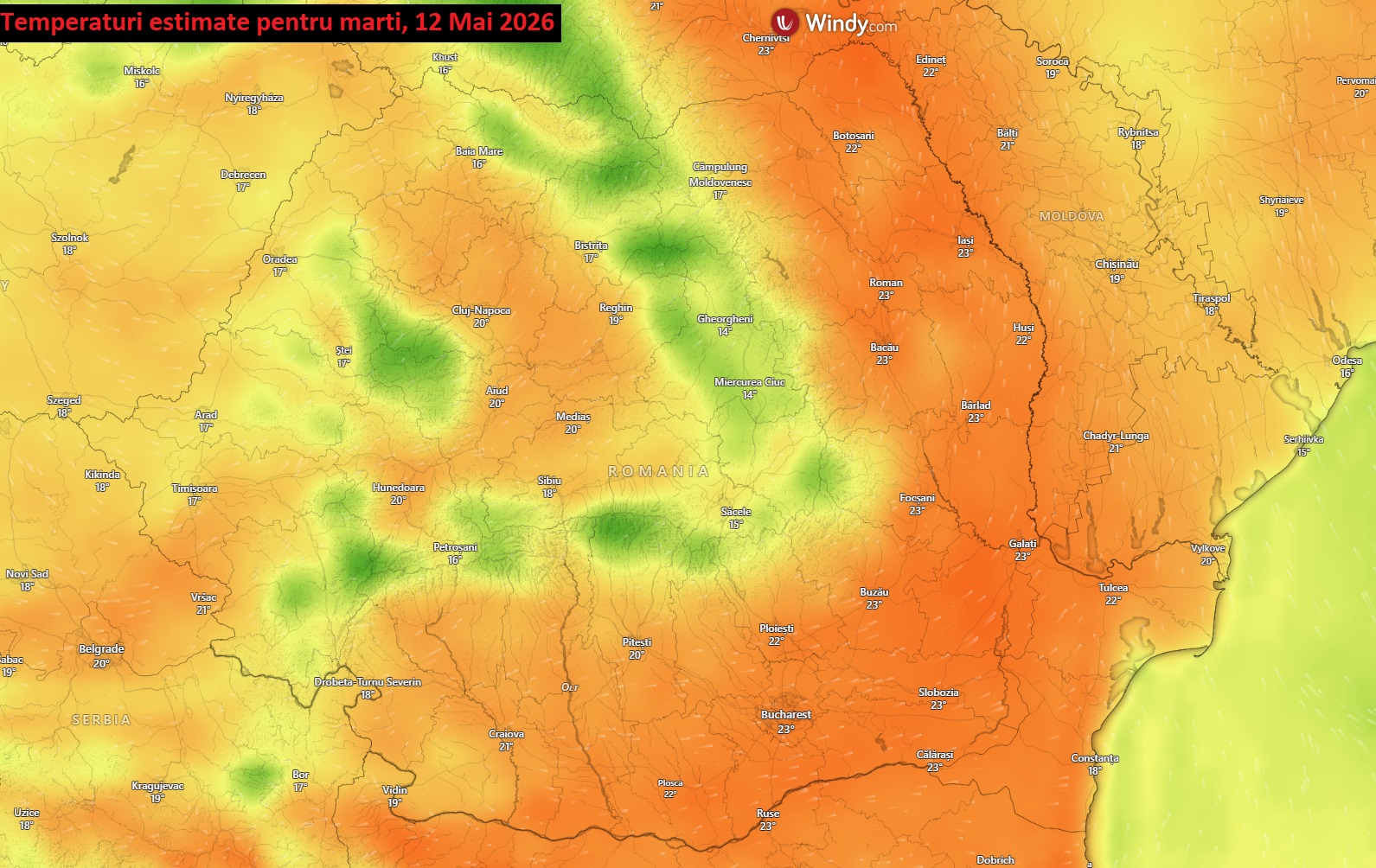 Temperaturi estimate pentru Marți, 12 Mai 2026