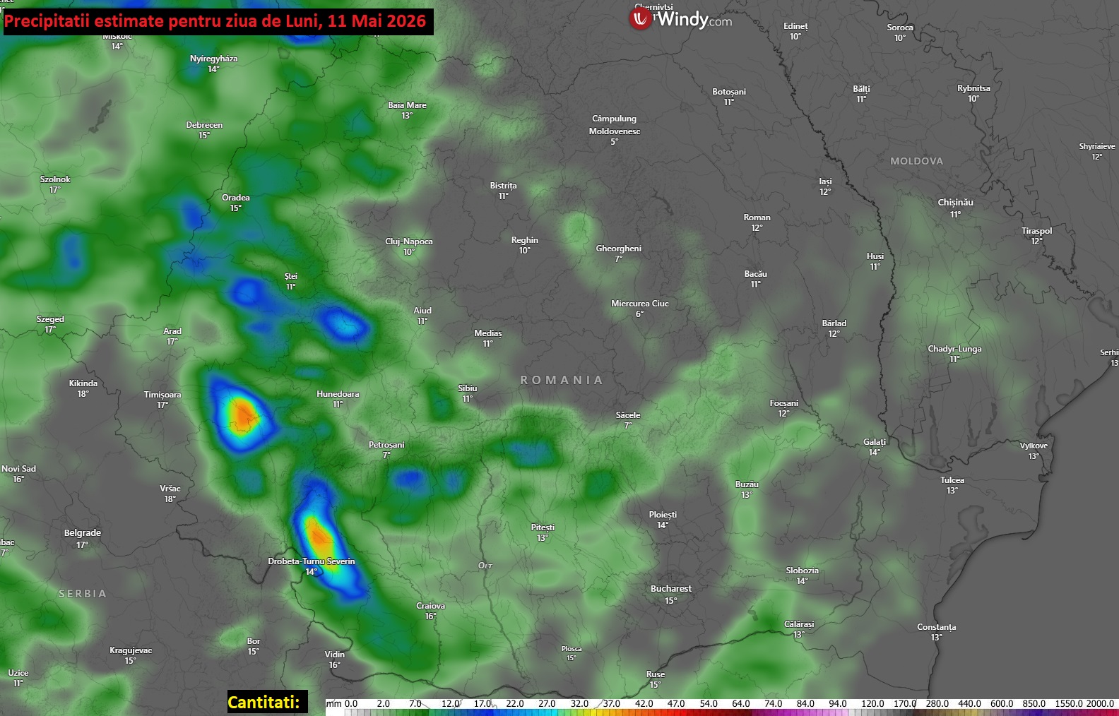 Cantitati de precipitatii estimate pentru ziua de Luni, 11 Mai 2026