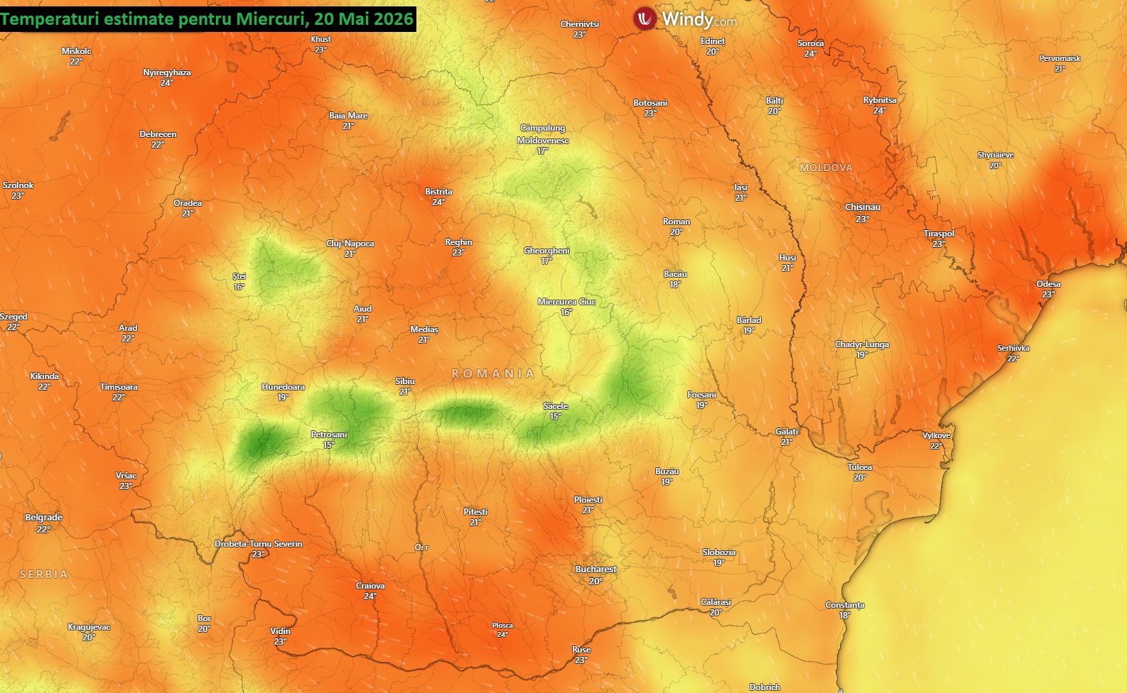 Temperaturi estimate pentru Miercuri, 20 Mai 2026