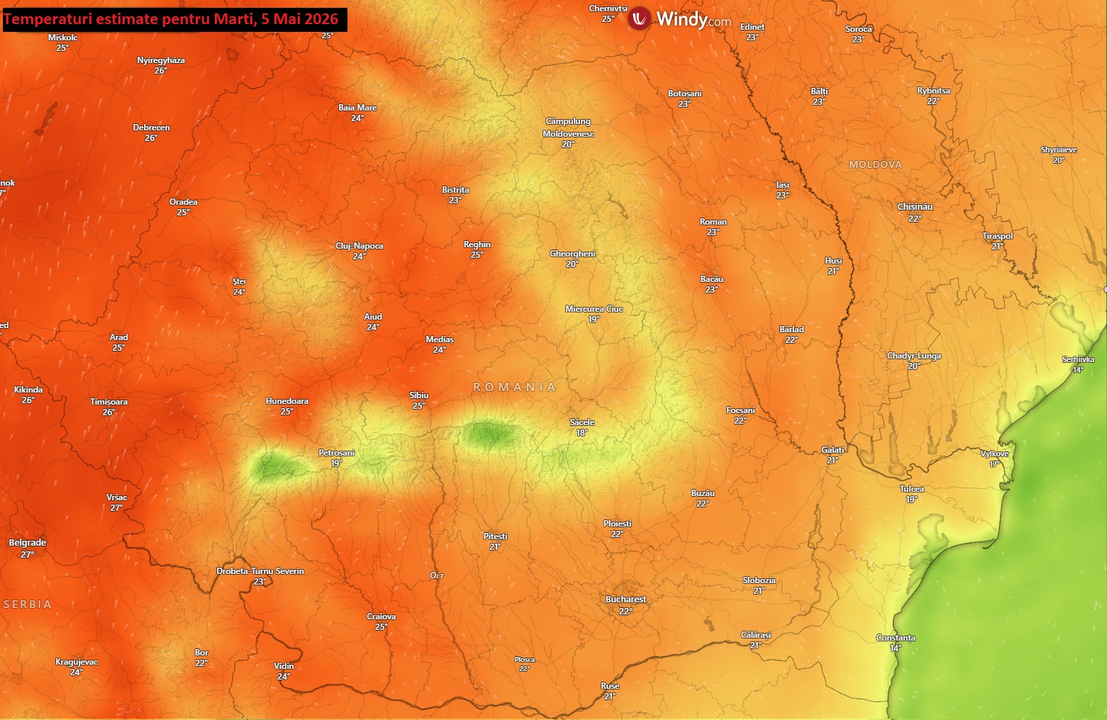 Temperaturi estimate pentru marți, 5 mai 2026