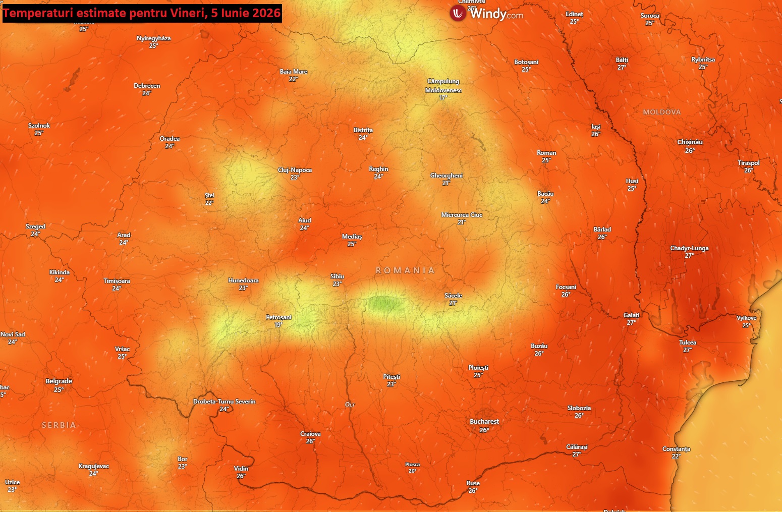 Temperaturi estimate pentru vineri, 5 iunie 2026