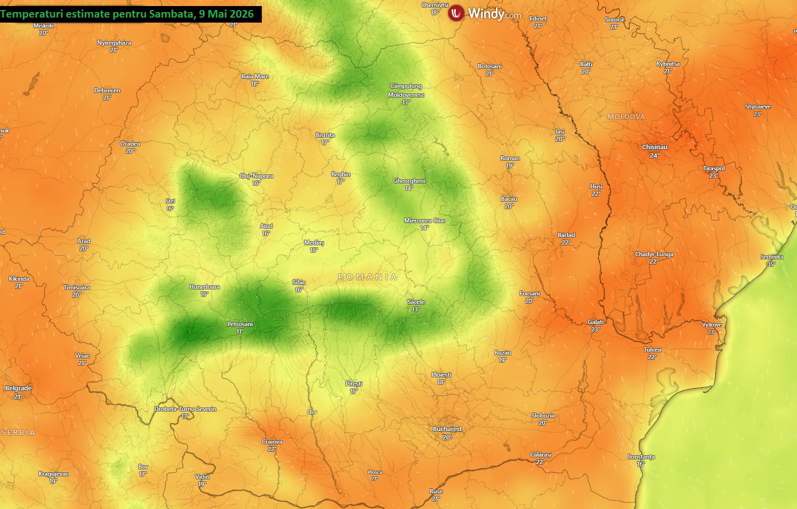 Temperaturi estimate pentru Sambata, 9 Mai 2026