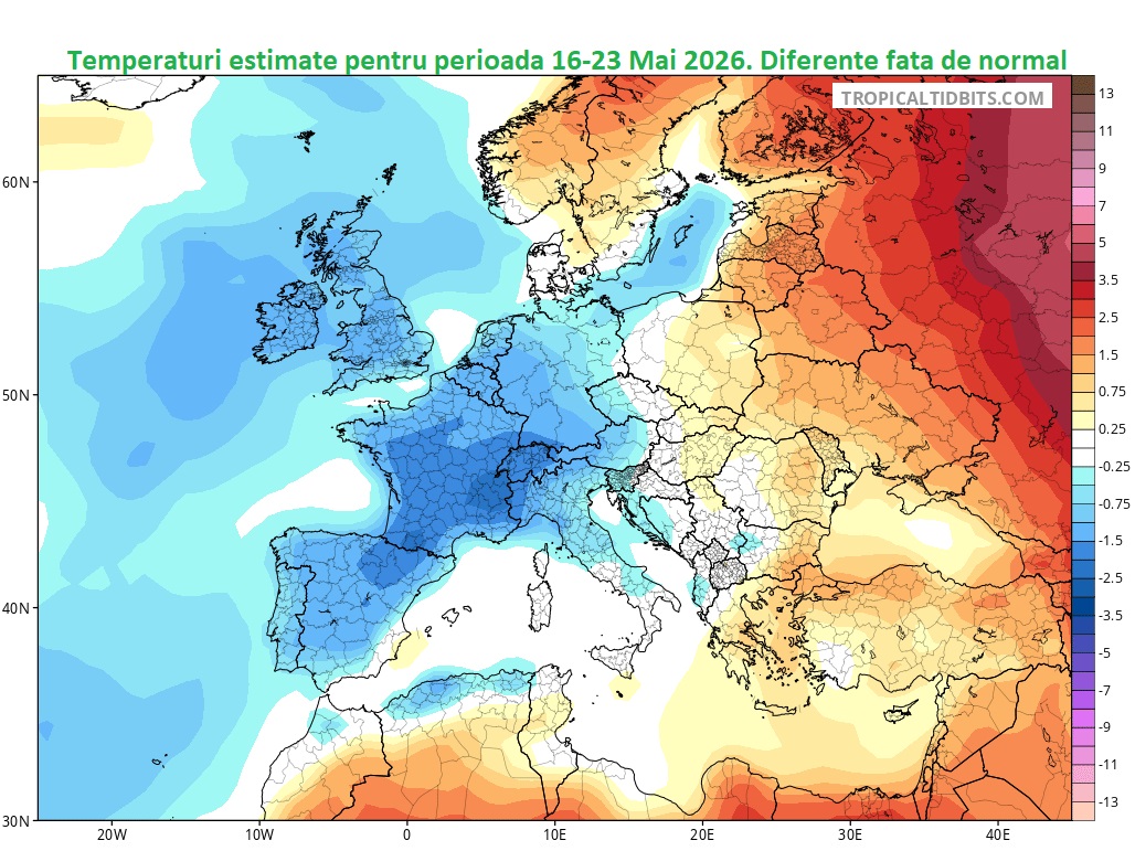 Temperaturi estimate pentru perioada 16-23 Mai 2026