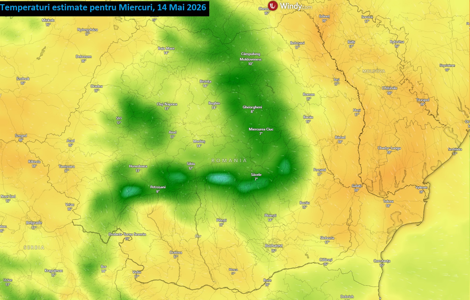 Temperaturi estimate pentru Miercuri, 13 Mai 2026