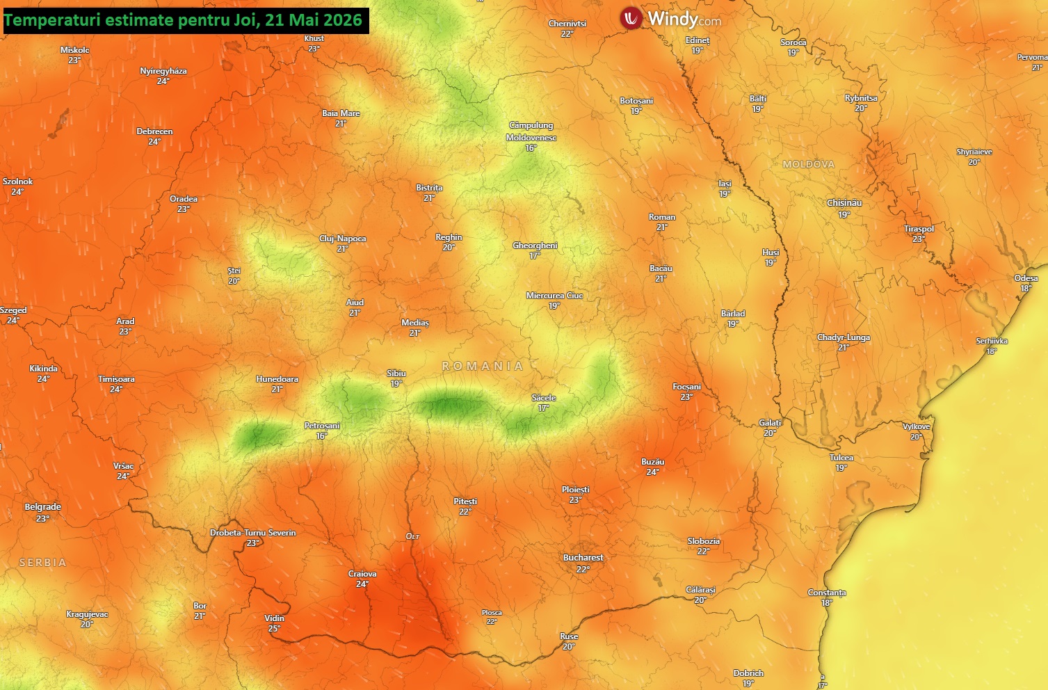 Temperaturi estimate pentru Joi, 21 Mai 2026