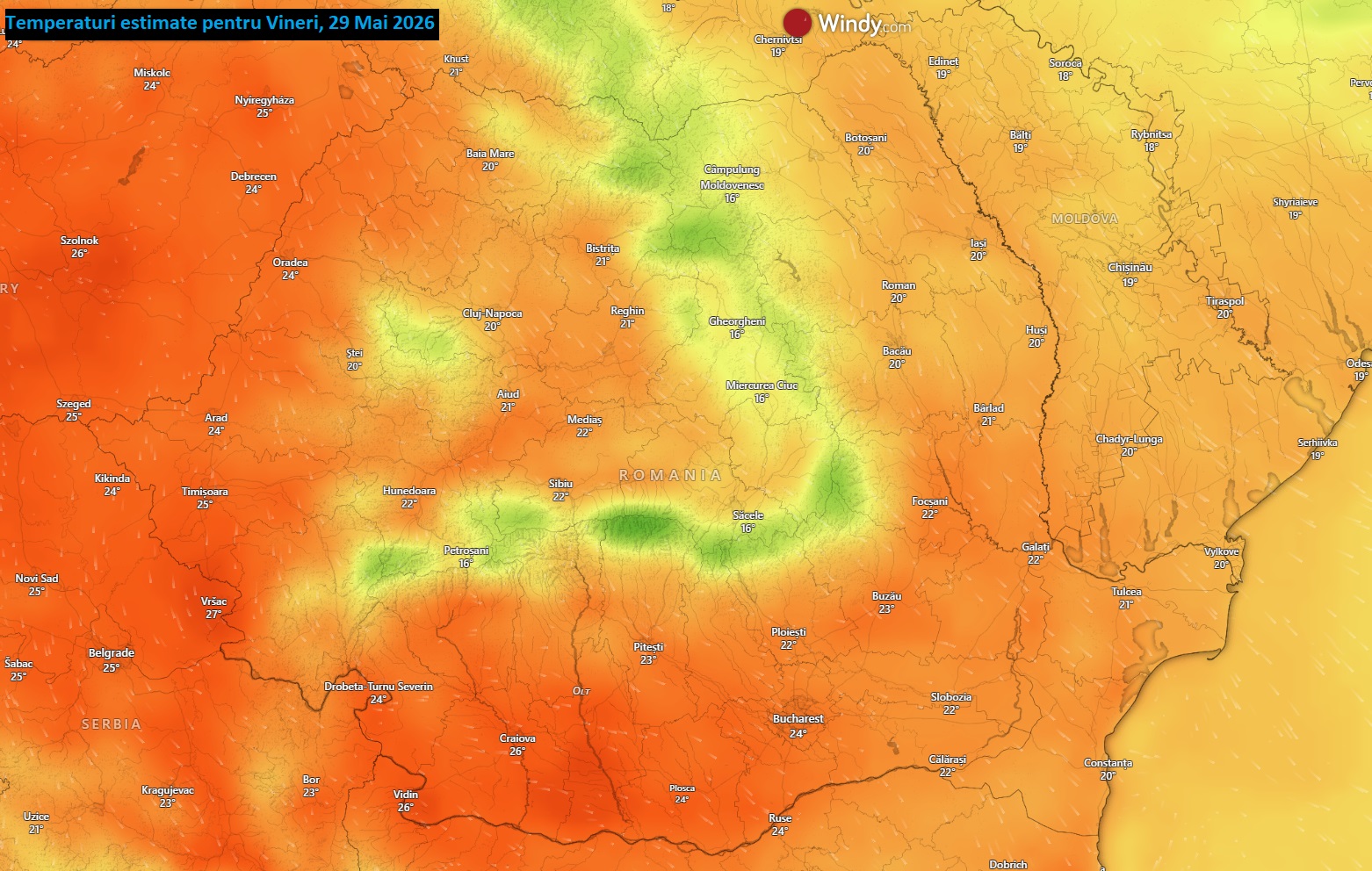 Temperaturi estimate pentru Vineri, 29 Mai 2026