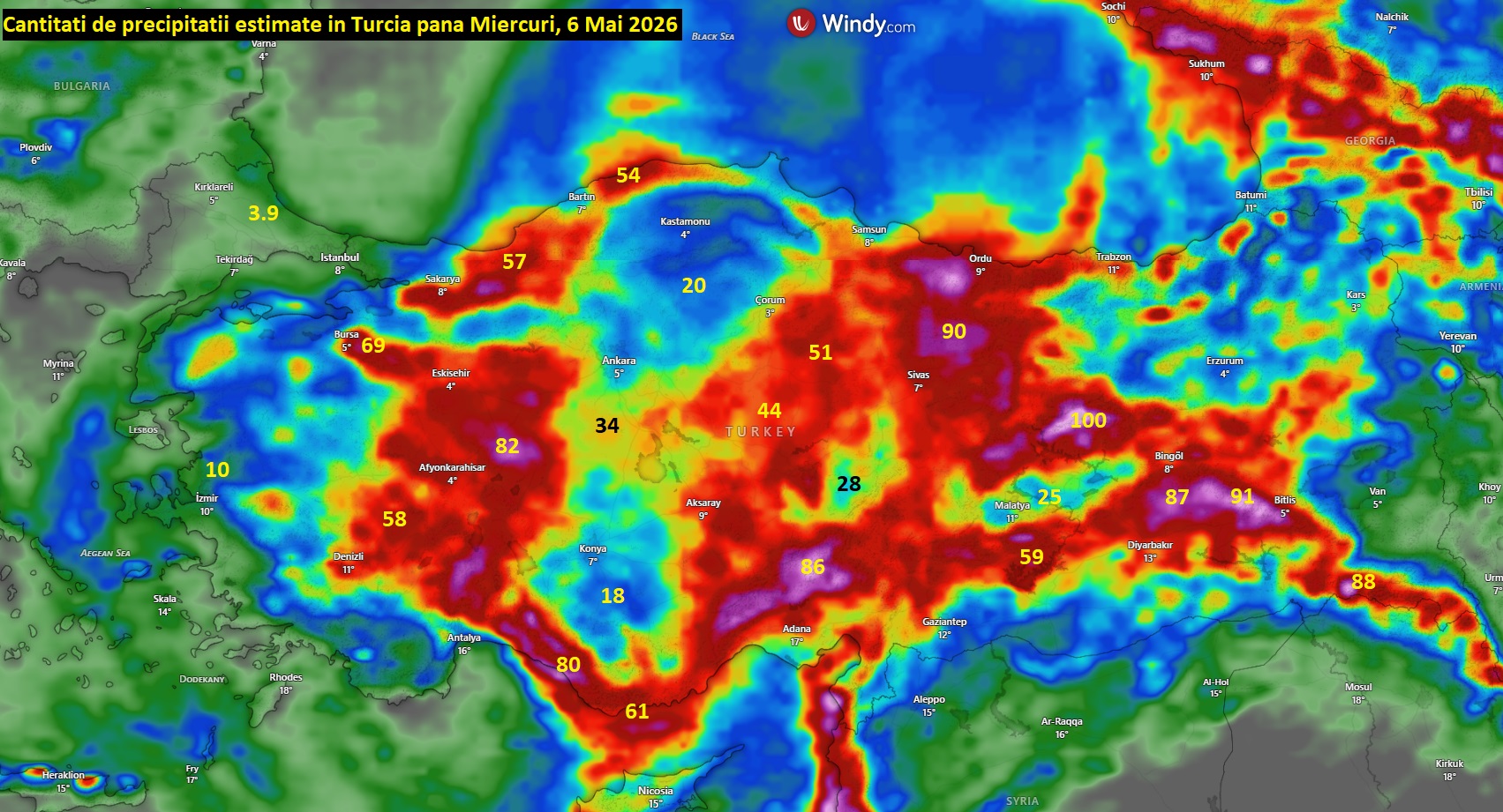 Precipitații estimate până marți în zona Turciei.