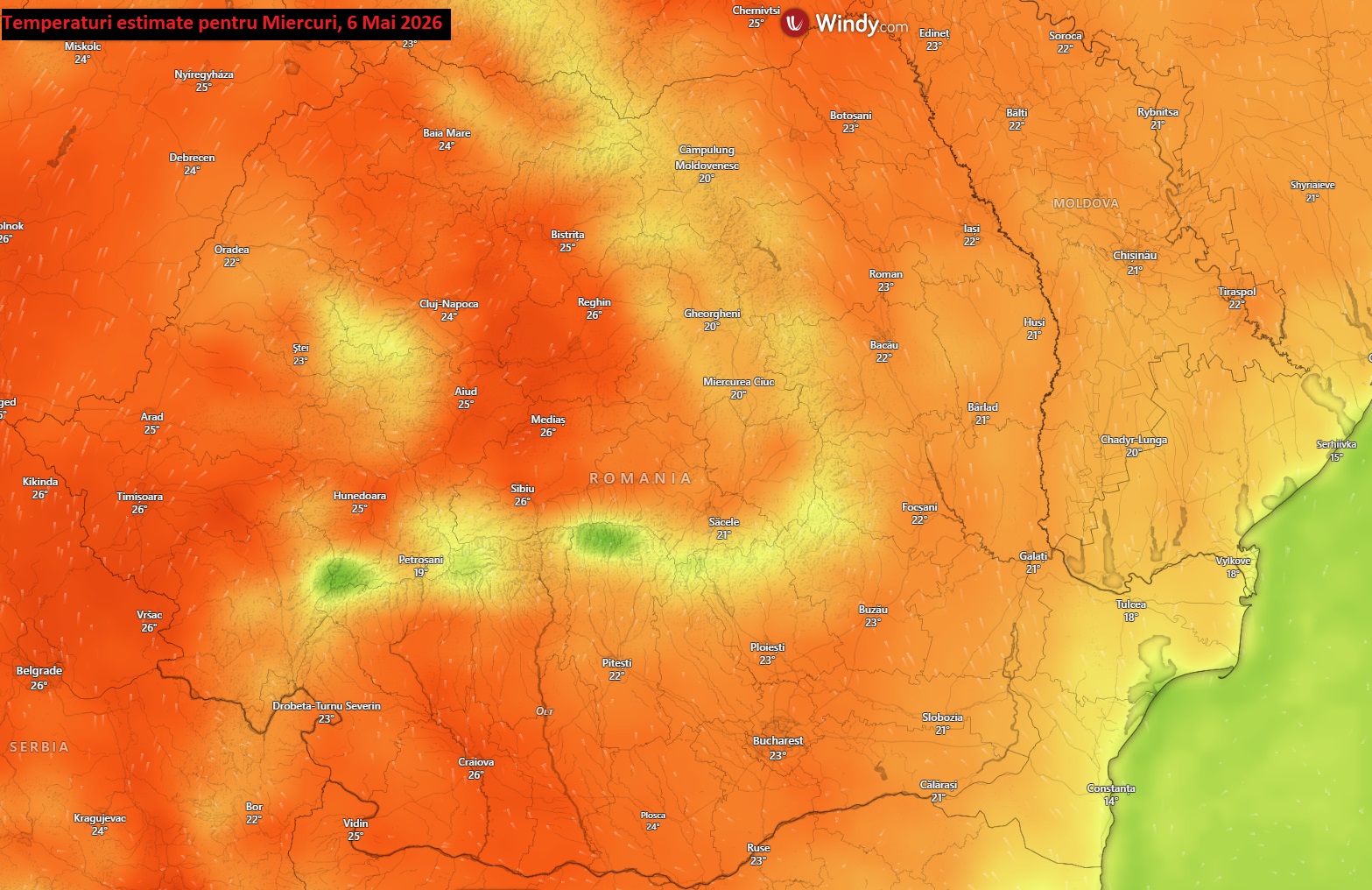 Temperaturi estimate pentru miercuri, 6 mai 2026