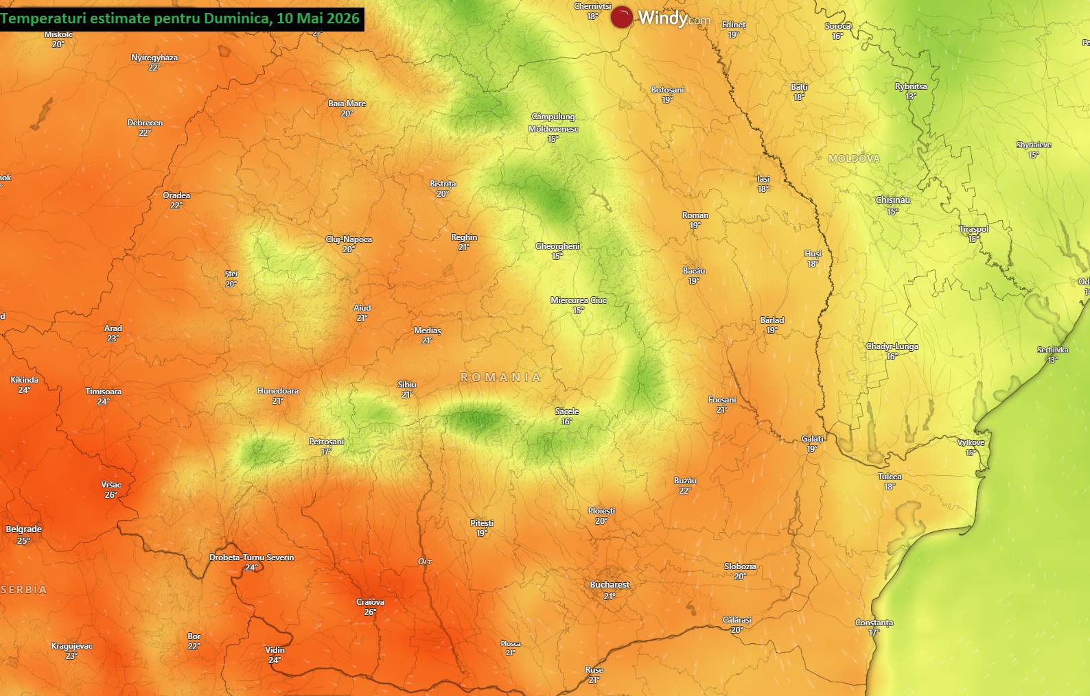 Temperaturi estimate pentru Duminică, 10 Mai 2026