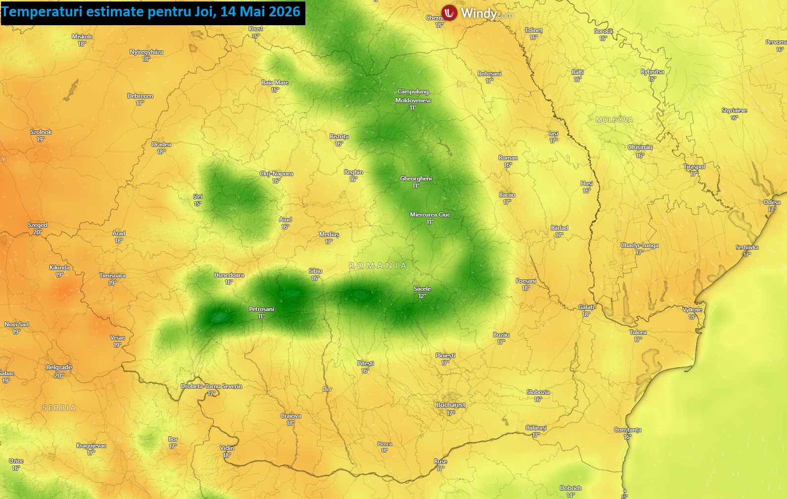 Temperaturi estimate pentru Joi, 14 Mai 2026