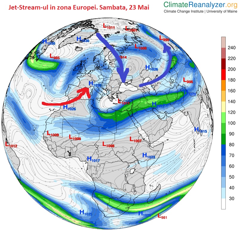 Pozitia Jet Stream-ului in Europa, Sambata, 23 Mai 2026