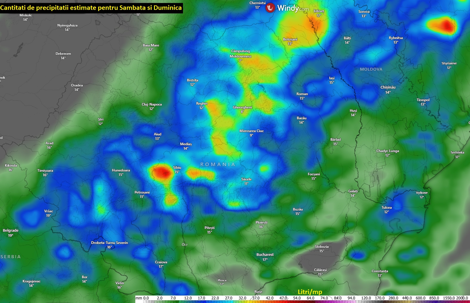 Cantități de precipitații estimate pentru zilele de Sâmbătă și Duminică (9-10 Mai 2026)