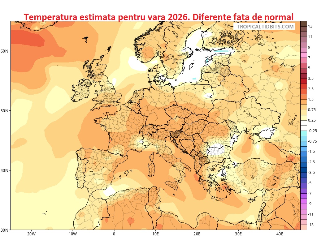 Temperatură. Diferențe față de medie estimată pentru vara 2026