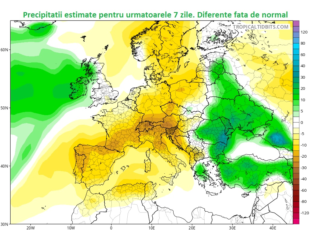 Precipitatii estimate pentru urmatoarele 7 zile. Diferente fata de medie