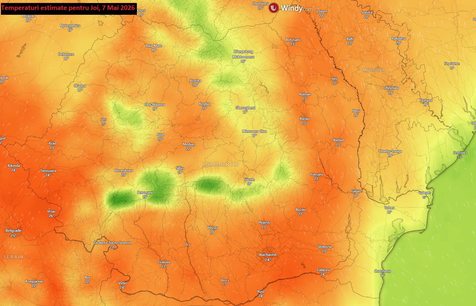 Temperaturi estimate pentru joi, 7 mai 2026