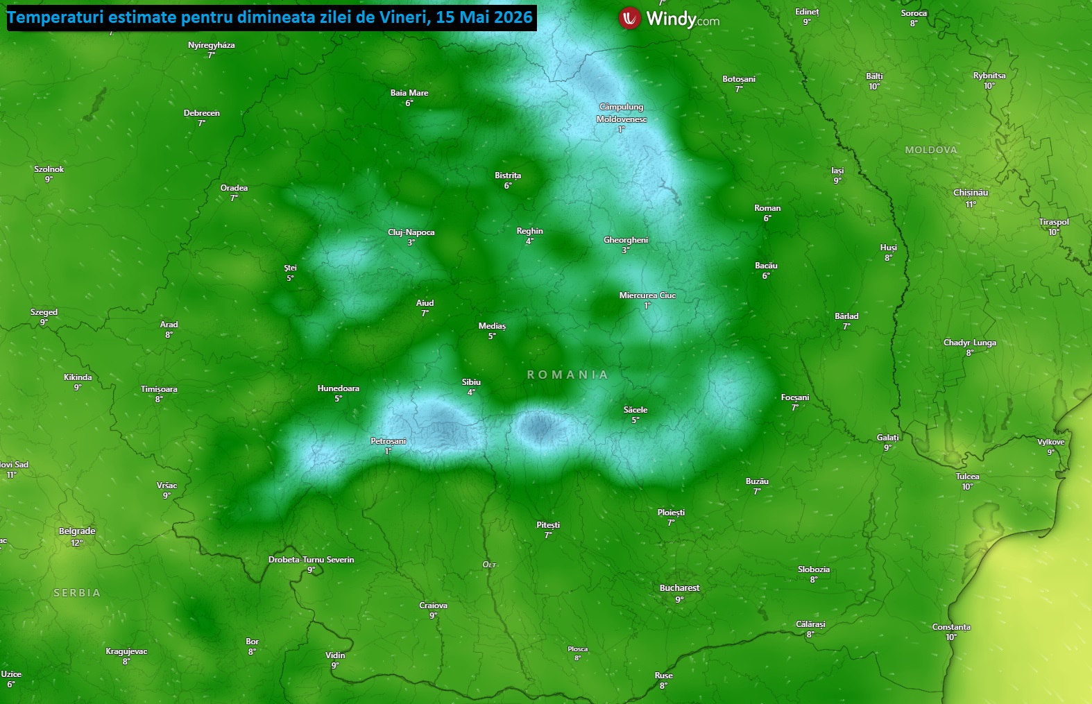 Temperaturi estimate pentru dimineața zilei de Vineri, 15 Mai 2026