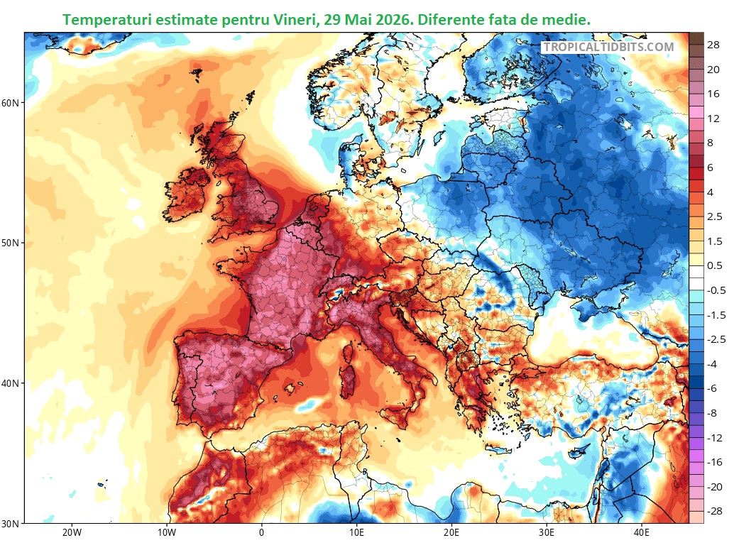 Temperaturi estimate pentru Vineri, 29 Mai 2026. Diferente fata de medie.
