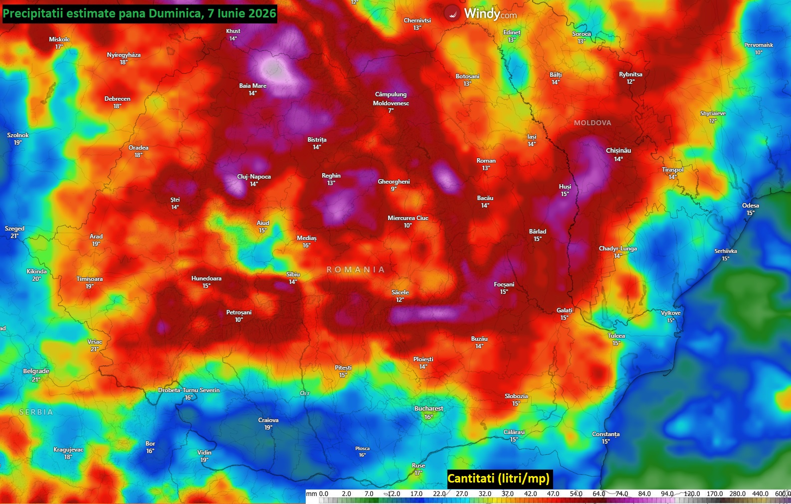 Precipitații estimate până duminică, 7 iunie 2026