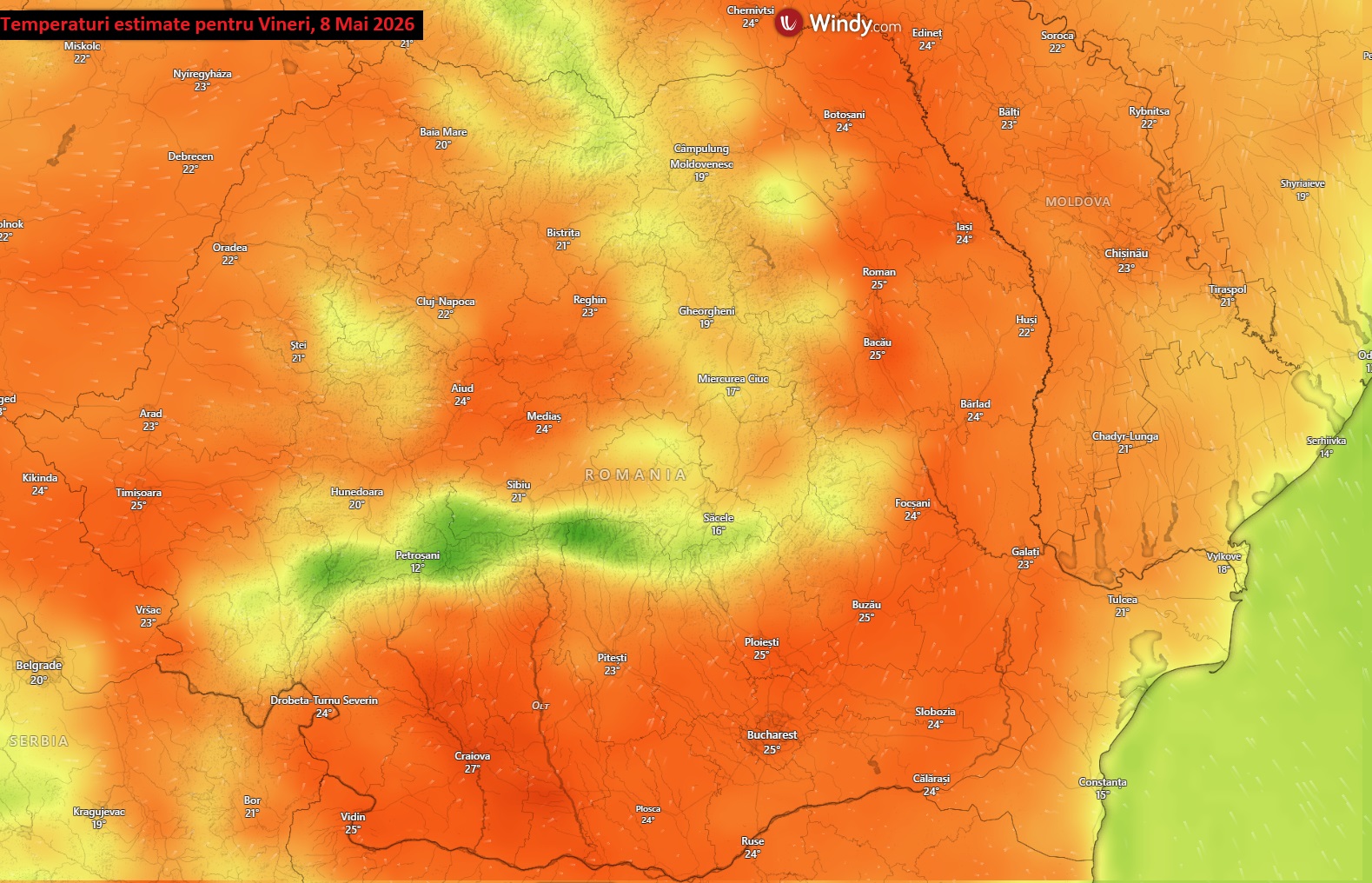 Temperaturi estimate pentru ziua de vineri, 8 mai 2026