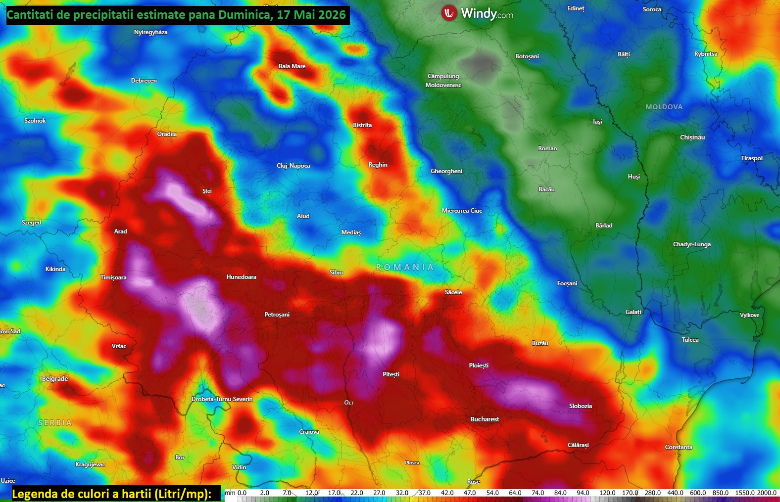 Cantități de precipitații estimate până Duminică, 17 Mai 2026