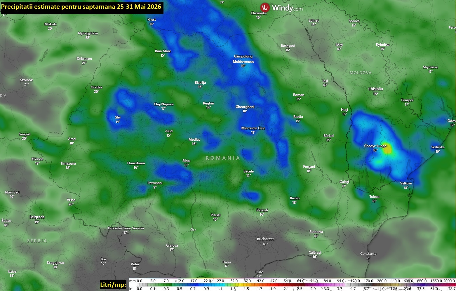 Precipitații estimate pentru săptămâna 25-31 Mai 2026