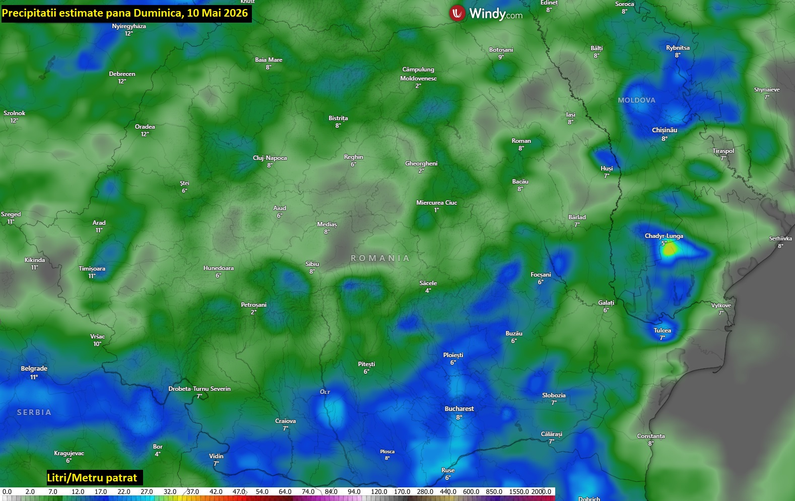 Cantități de precipitații estimate până duminică, 10 mai 2026
