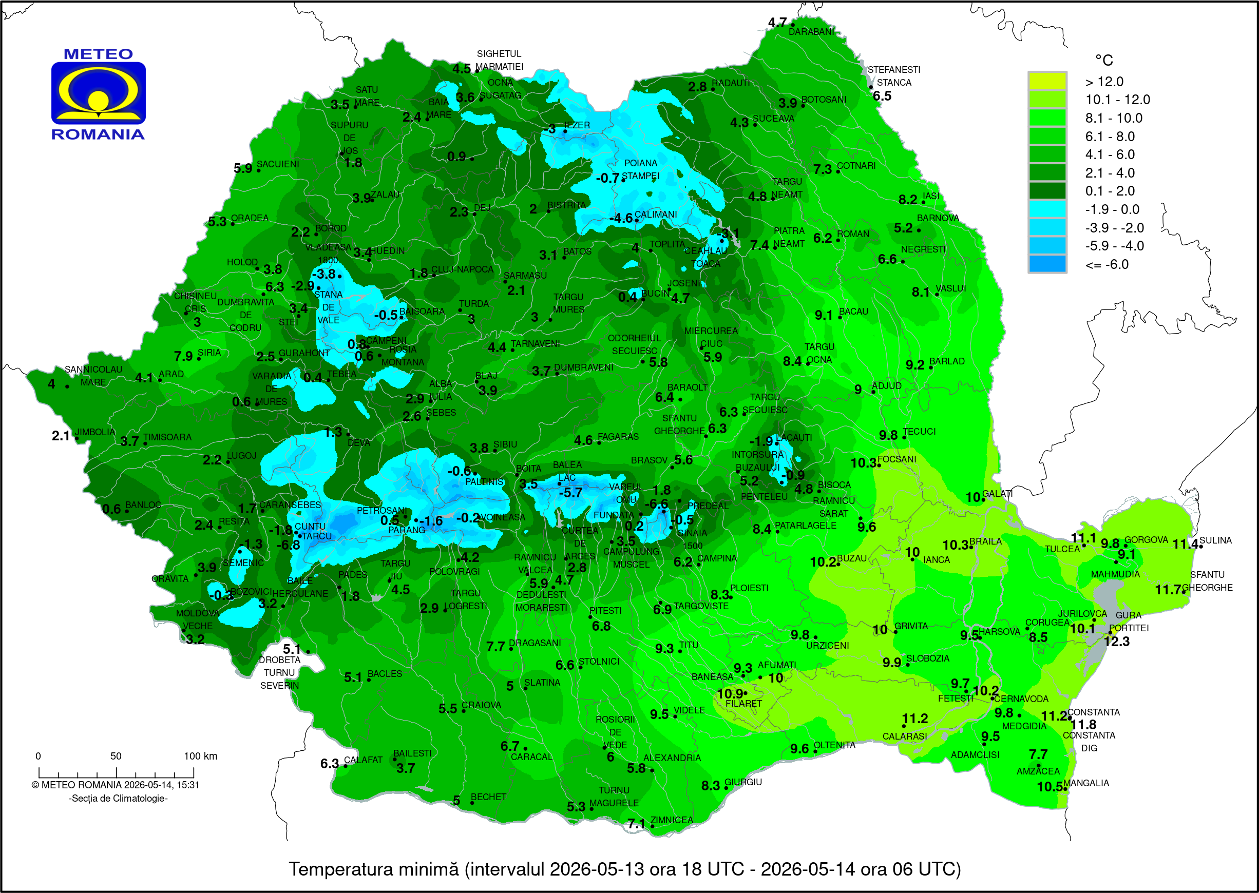 Temperatura minima, in dimineata zilei de Joi, 14 Mai 2026