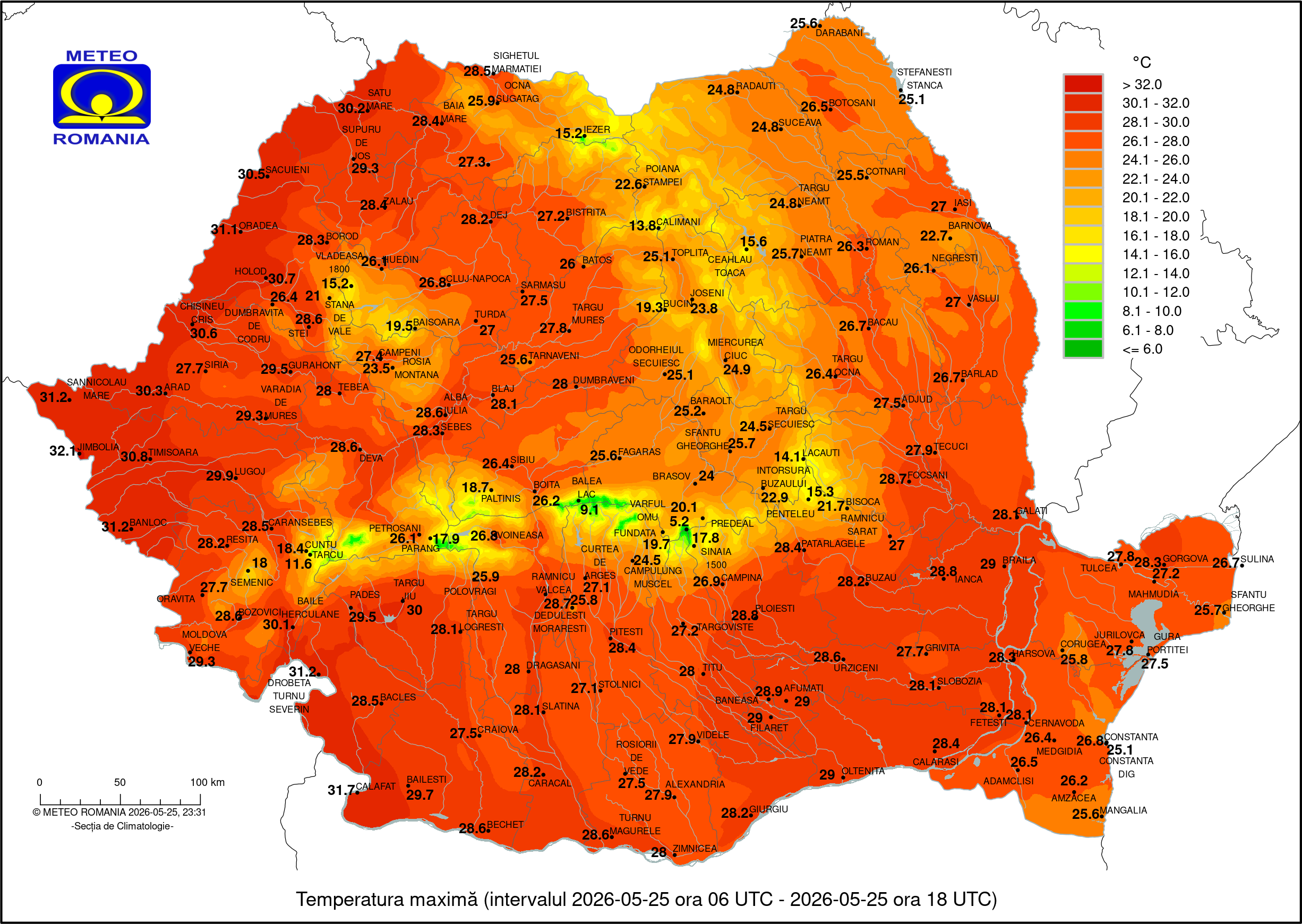Temperaturi inregistrate Luni, 25 Mai 2026
