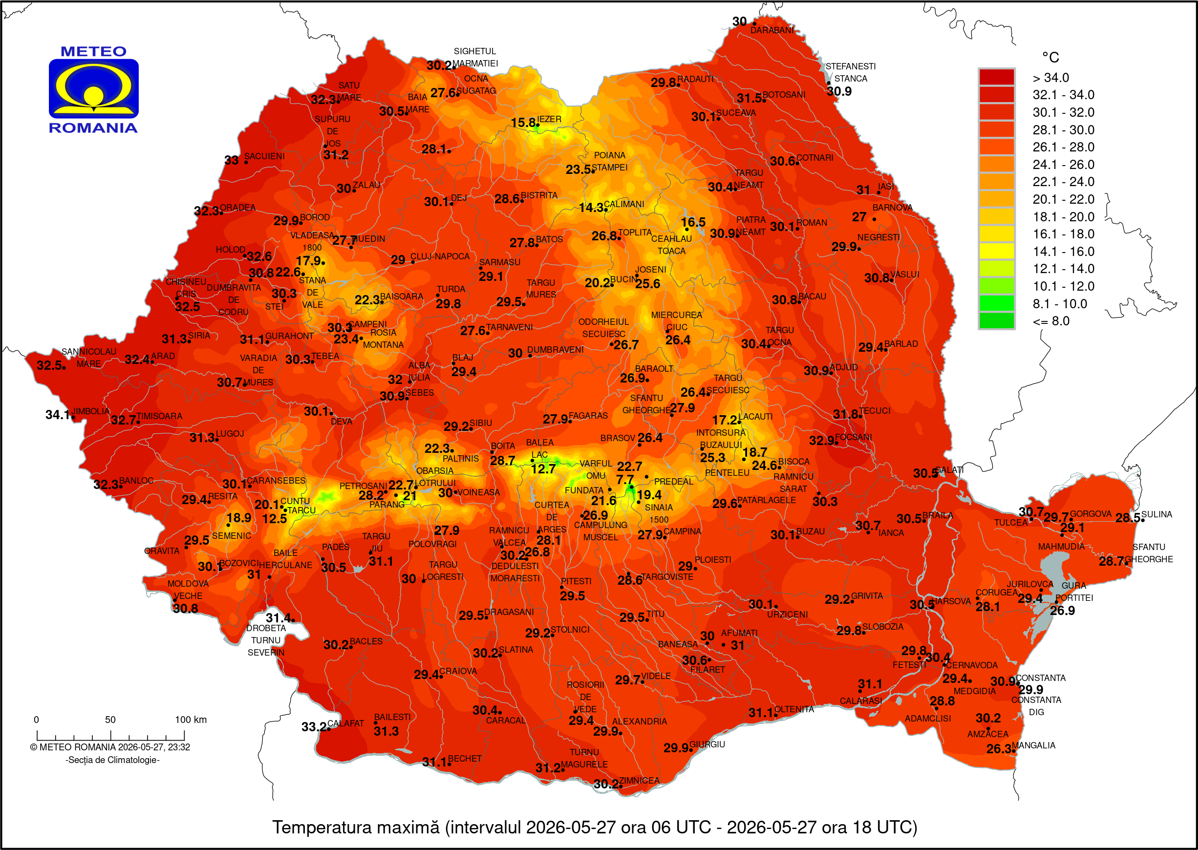 Temperatura maxima inregistrata in ziua de Miercuri, 27 Mai 2026