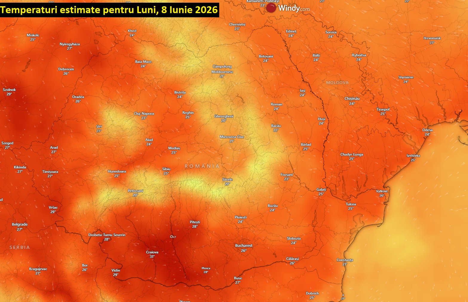 Temperaturi estimate pentru ziua de luni, 8 iunie 2026