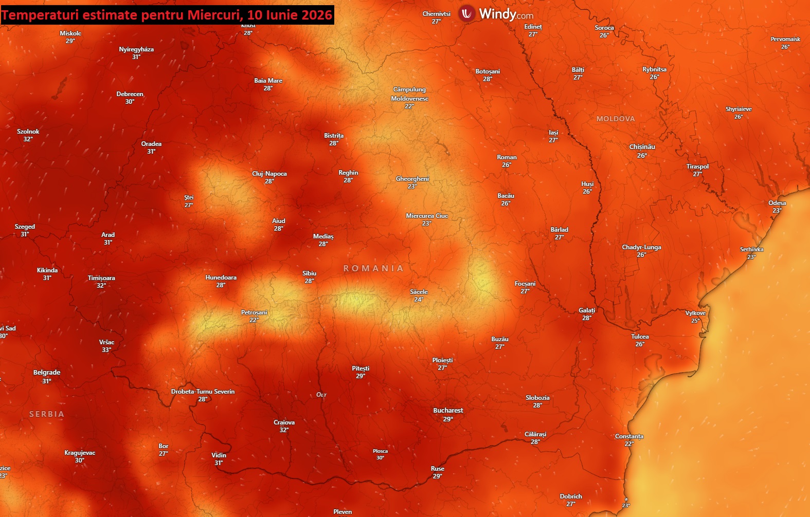 Temperaturi estimate pentru Miercuri, 10 Iunie 2026