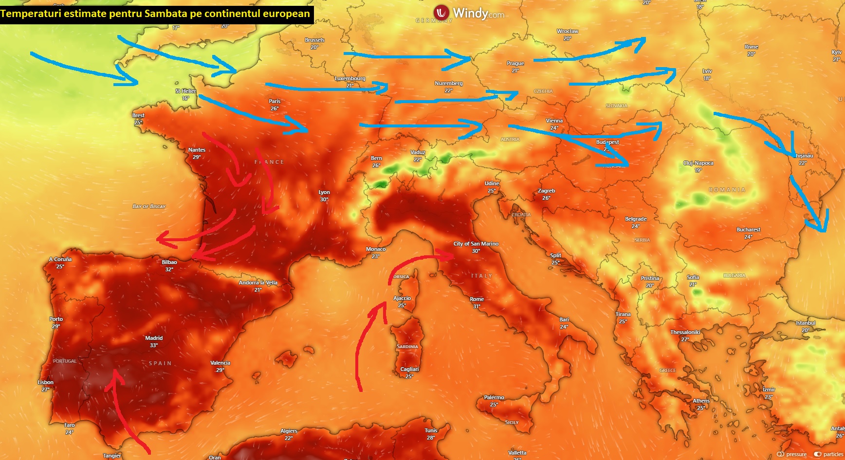 Temperaturi estimate in Europa in ziua de Sambata, 13 Iunie 2026