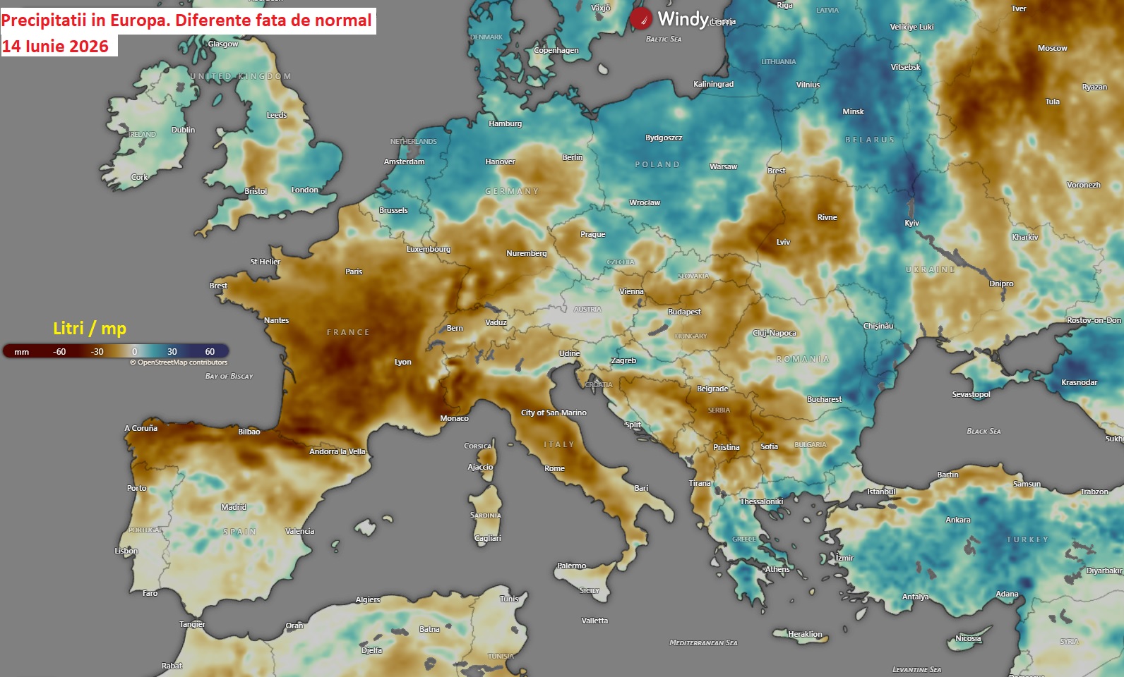 Precipitații în Europa. Diferențe față de normal în data de 14 Iunie 2026