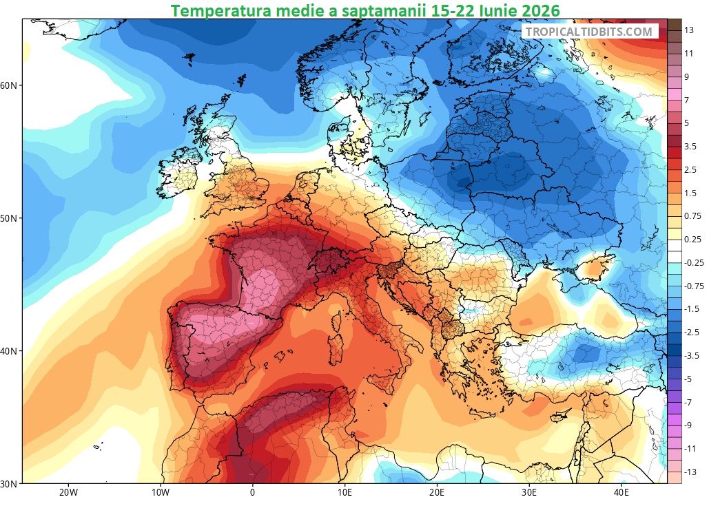 Temperatura medie estimata pentru saptamana 15-22 Iunie 2026. Diferente fata de normal