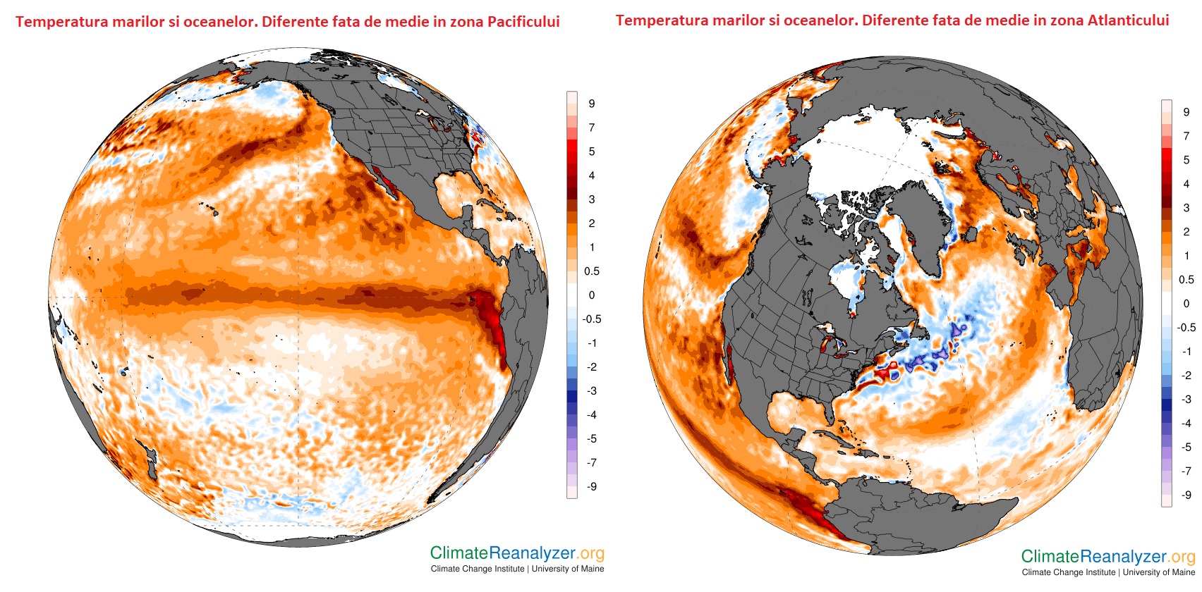 Temperatura marilor si oceanelor. Diferente fata de medie in Pacific si Atlantic