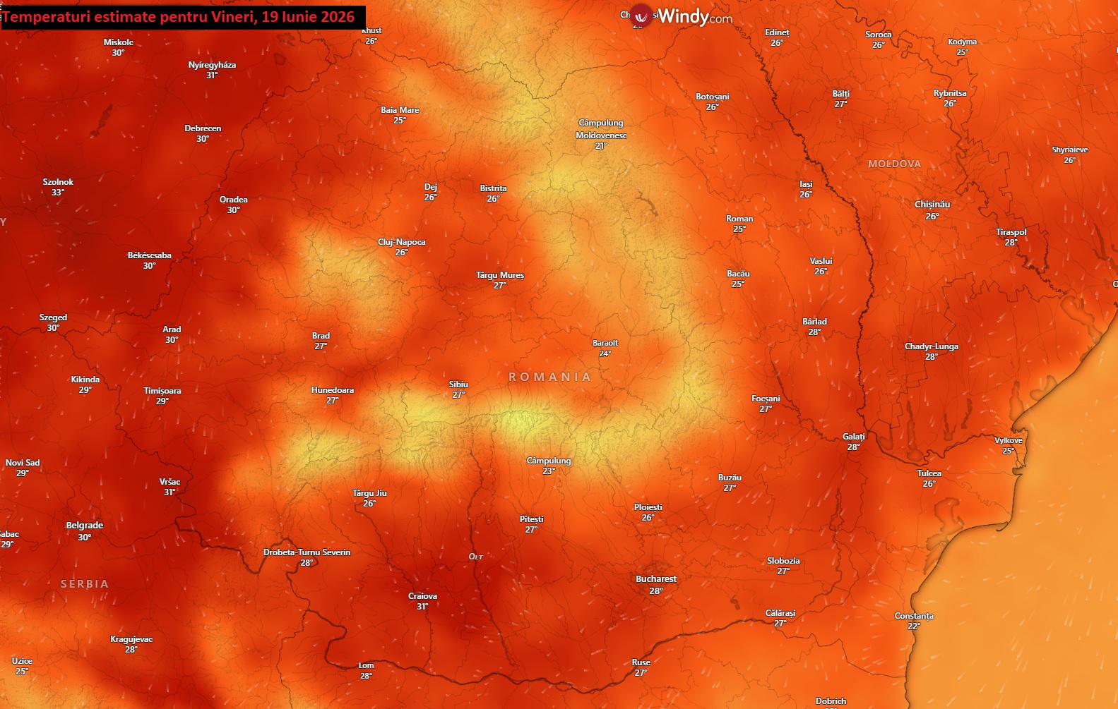 Temperaturi estimate pentru Vineri, 19 Iunie 2026