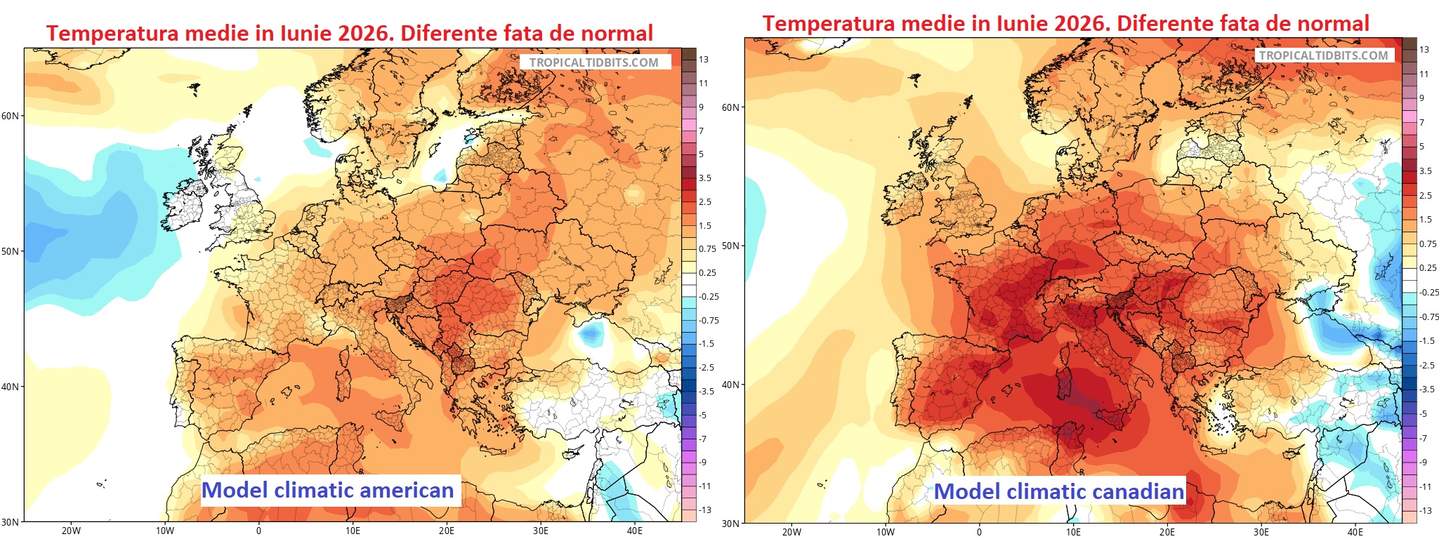 Temperatura medie în Iunie. Diferențe față de normal. Model CFS și model CanSIPS