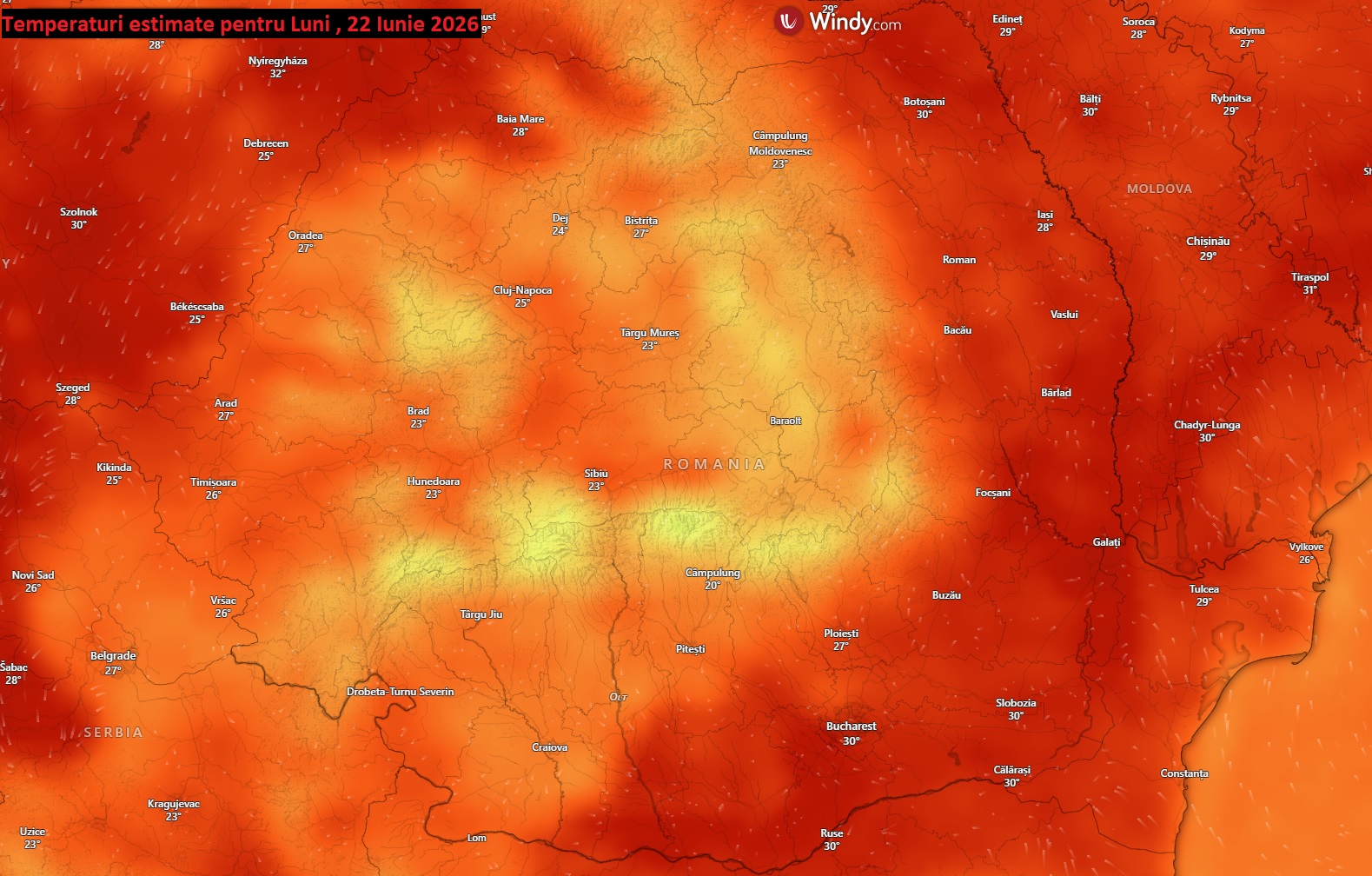 Temperaturi estimate pentru Luni, 22 Iunie 2026